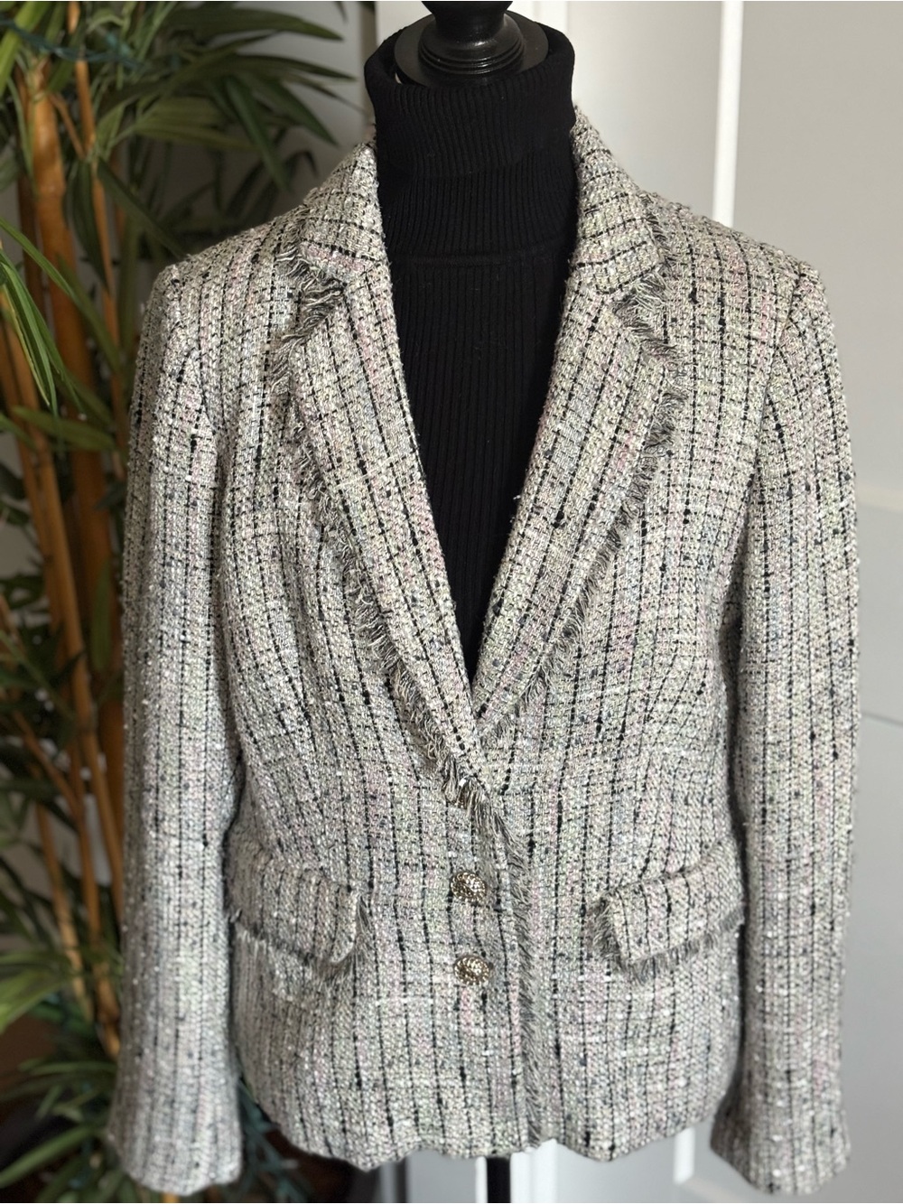 Karl Lagerfeld Light Gray Tweed Blazer with Fringe Trim